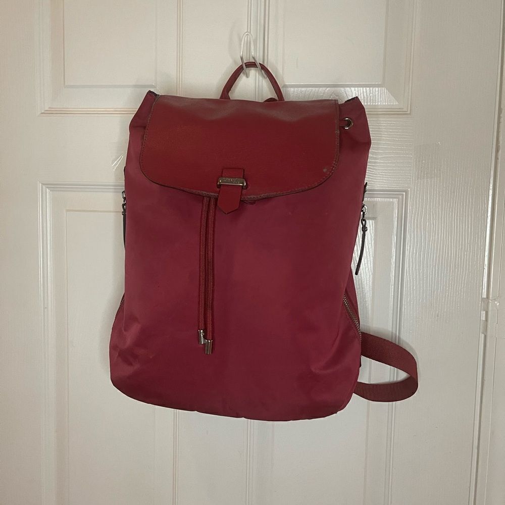 LIPAULT Red Wine NYLON Laptop large Backpack Bag faux leather flop top closure